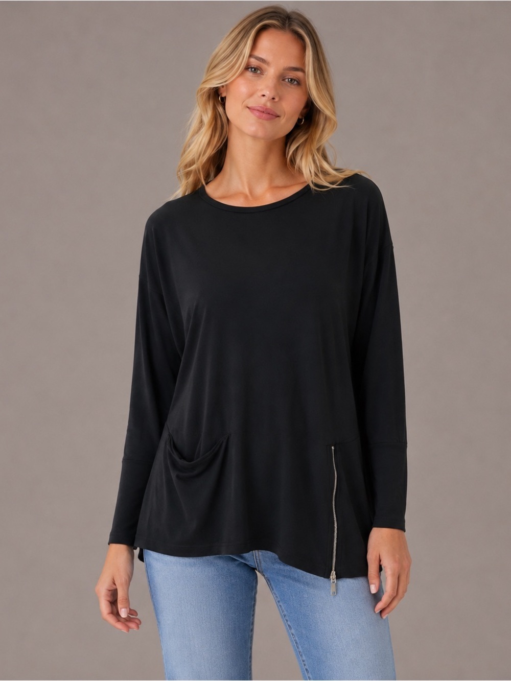 Sympli Black Jersey Slinky Knit Tunic Top Zipper Accent Pocket Lagenlook Size 10